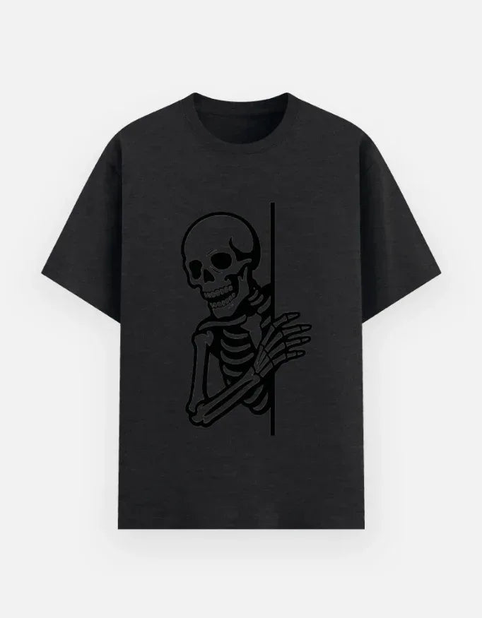 Skeleton Peeking T-Shirt | Spooky Skull Graphic Tee - VIVA ENTERPRISES 