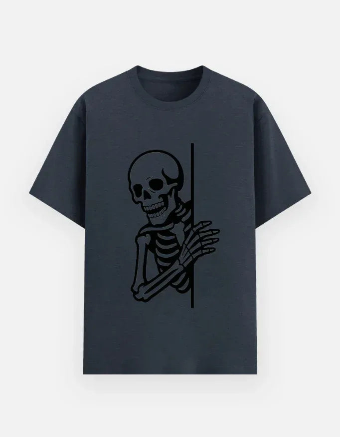 Skeleton Peeking T-Shirt | Spooky Skull Graphic Tee - VIVA ENTERPRISES 