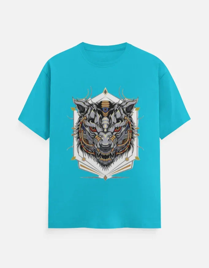 Sky-Blue T-shirt with Cyber-Wolf Graphic - VIVA ENTERPRISES 