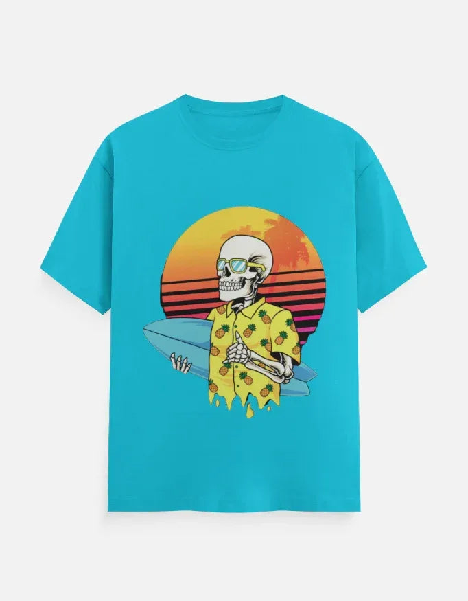Retro Sunset Skeleton Surfer Blue T-Shirt - VIVA ENTERPRISES 