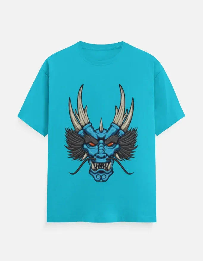 t-shirt with a blue and black stylized dragon head graphic. - VIVA ENTERPRISES 