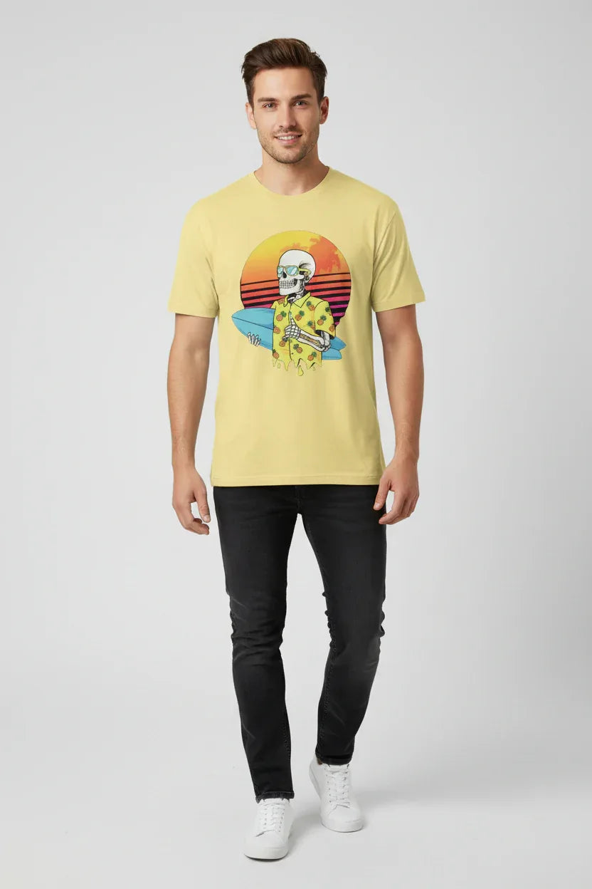 Retro Sunset Skeleton Surfer Blue T-Shirt - VIVA ENTERPRISES 