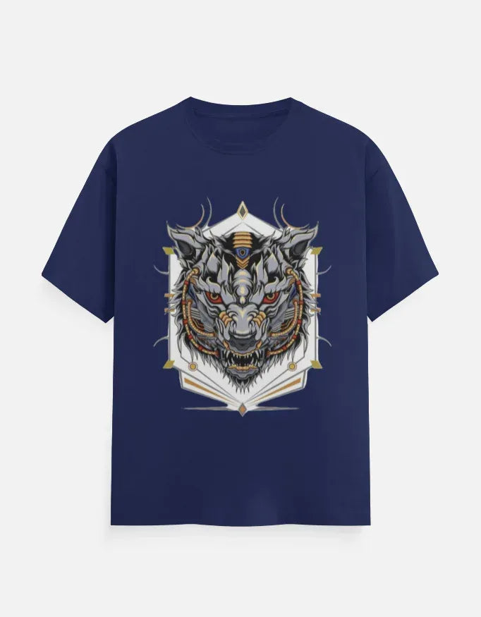 Sky-Blue T-shirt with Cyber-Wolf Graphic - VIVA ENTERPRISES 