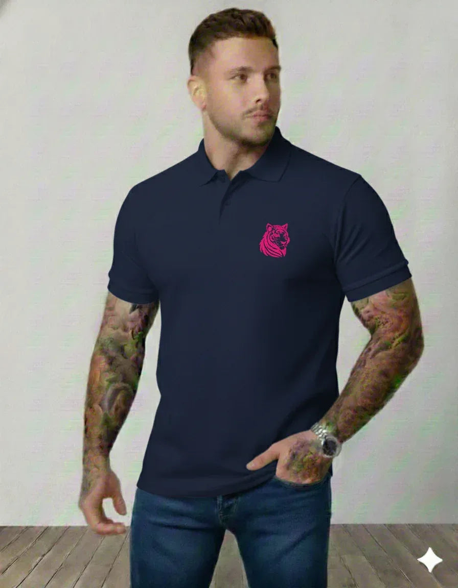 Men’s Black Polo Shirt with Pink Tiger Head Silhouette - VIVA ENTERPRISES 