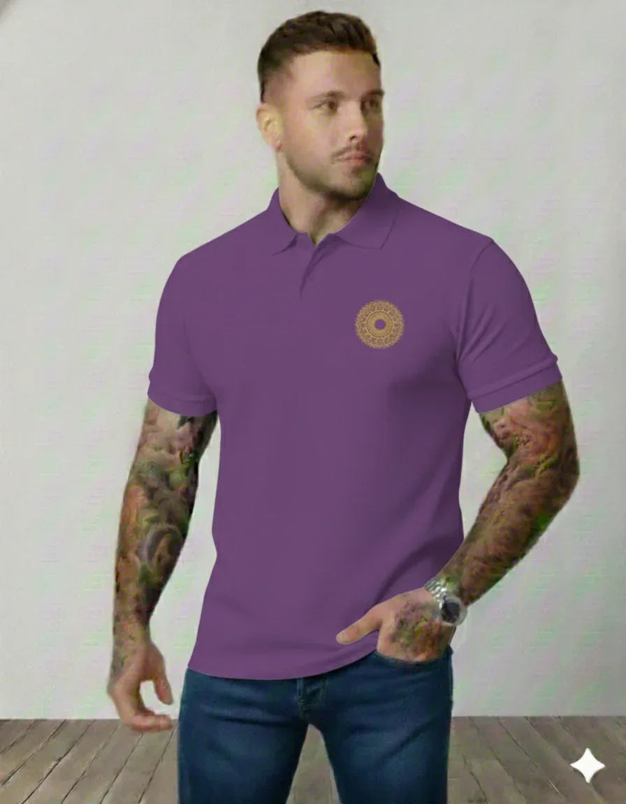Men’s Black Polo Shirt with Intricate Gold Celestial Mandala Graphic - VIVA ENTERPRISES 