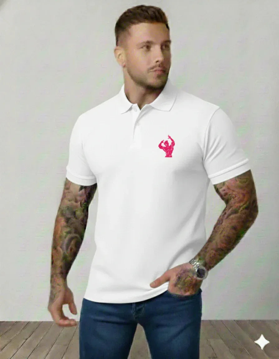 The Iron Aesthetic Polo – Pink Bodybuilder Graphic on Black - VIVA ENTERPRISES 