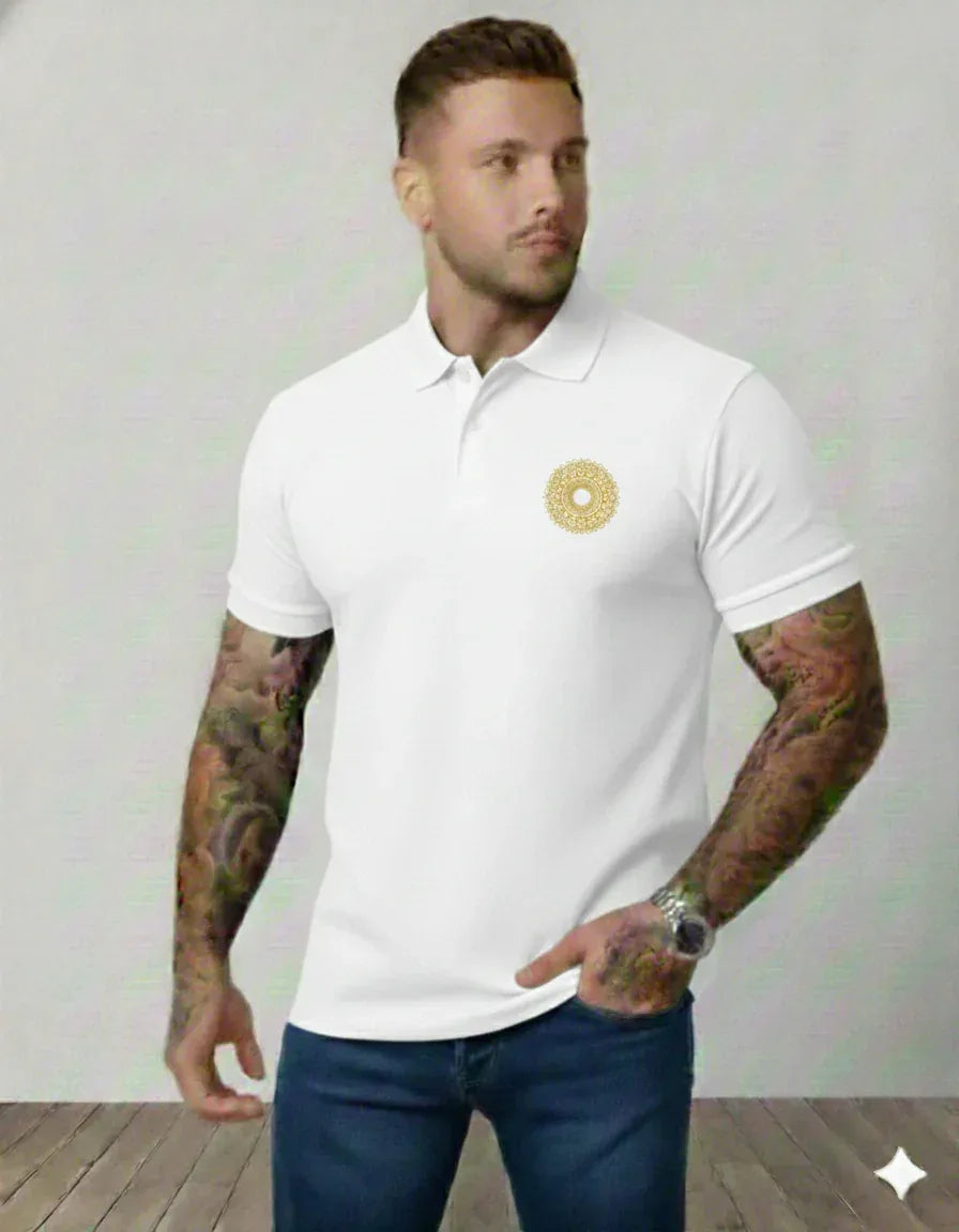 Men’s Black Polo Shirt with Intricate Gold Celestial Mandala Graphic - VIVA ENTERPRISES 