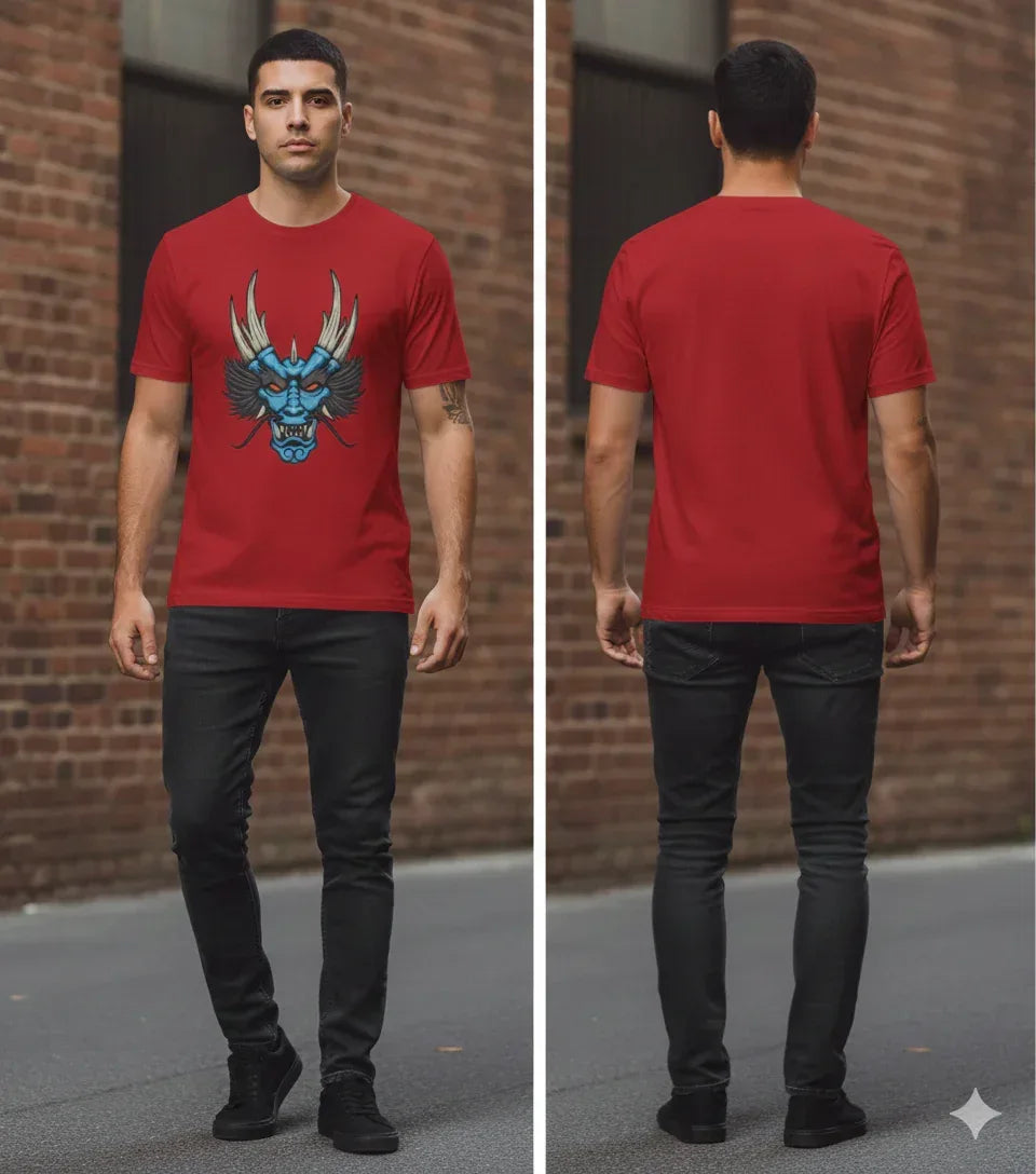 t-shirt with a blue and black stylized dragon head graphic. - VIVA ENTERPRISES 