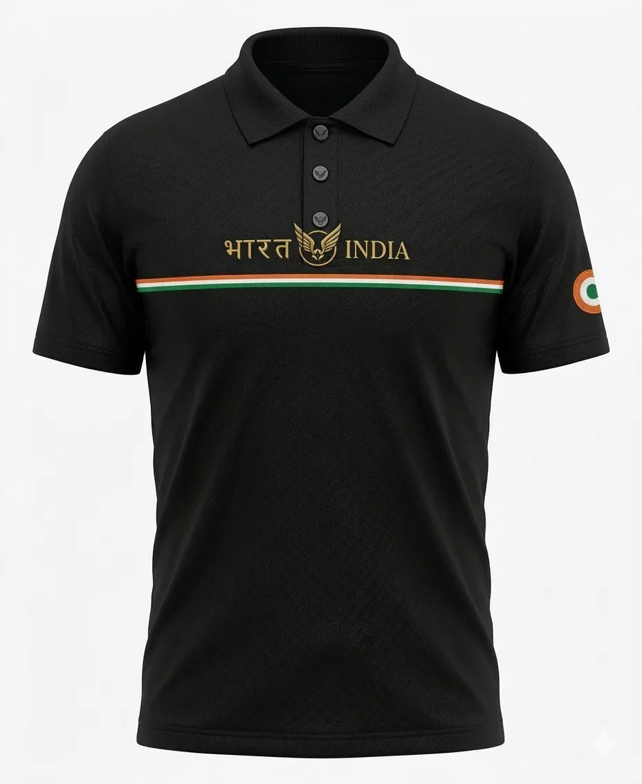 Premium Men's Bharat-India Emblem Polo T-Shirt - Black - VIVA ENTERPRISES 
