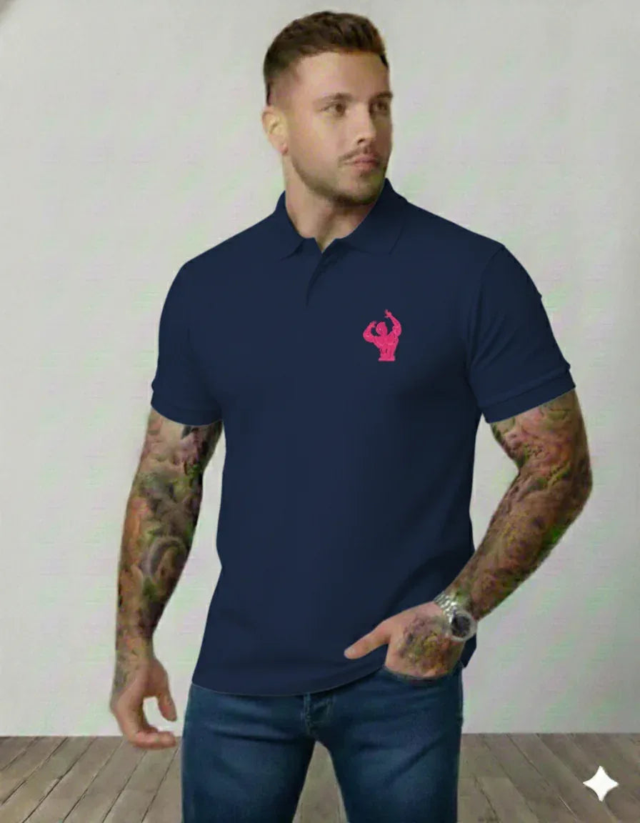 The Iron Aesthetic Polo – Pink Bodybuilder Graphic on Black - VIVA ENTERPRISES 
