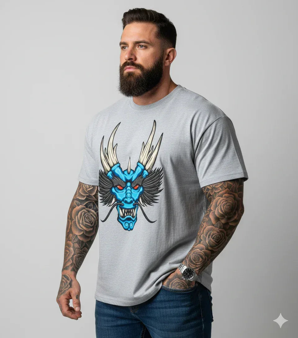 t-shirt with a blue and black stylized dragon head graphic. - VIVA ENTERPRISES 