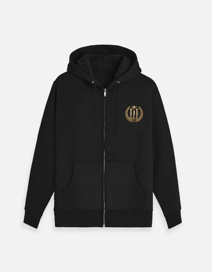 Premium Black Zip-Up Hoodie with Golden Wreath Emblem - VIVA ENTERPRISES 