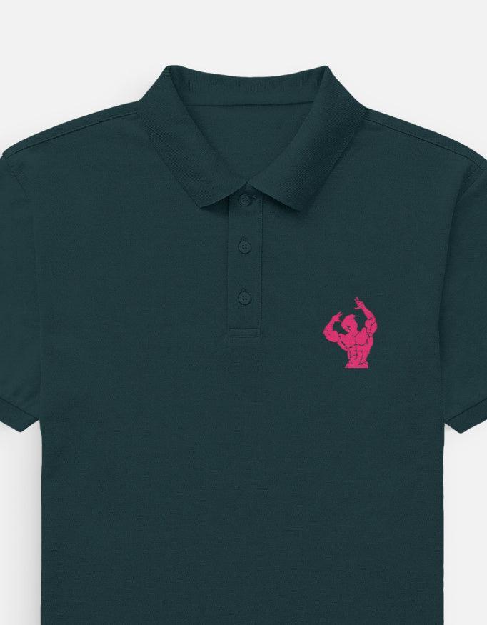 The Iron Aesthetic Polo – Pink Bodybuilder Graphic on Black - VIVA ENTERPRISES 